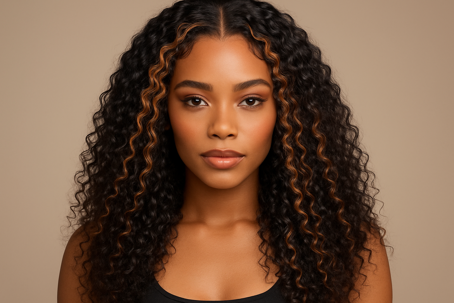 je veux une photo d'une femme coiffée avec la demi perruque V part bouclée taille 20 pouces mèche pixie hair